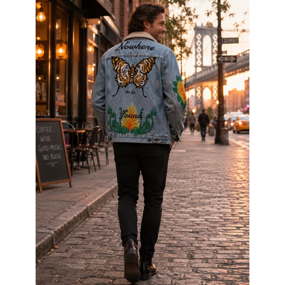 Zara Man Medium Denim Jacket Light Wash Embroidered Tiger Butterfly #1201‎